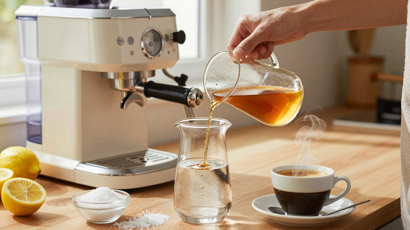 Hand pouring tea from a glass jug into a glass carafe on a kitchen counter with coffee machine, lemons, and salt.