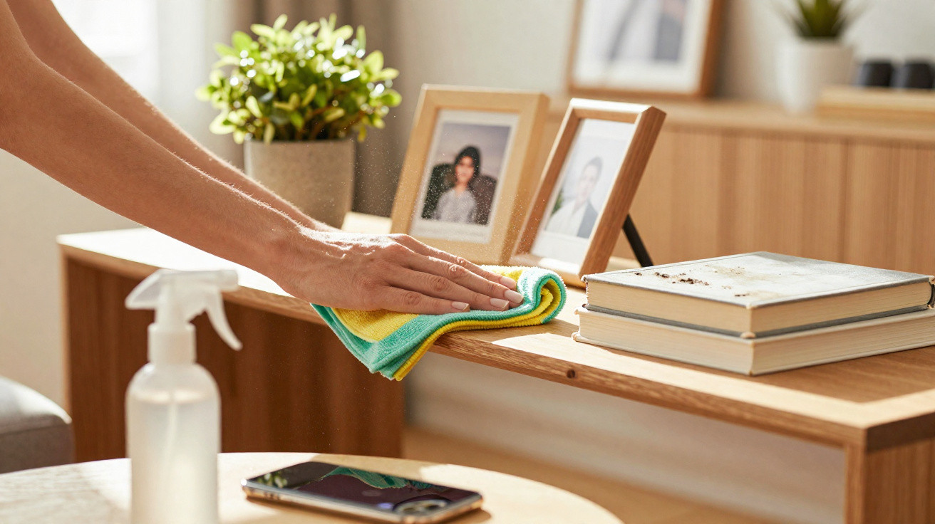 Hand wiping a wooden surface with a cloth, next to photo frames, stacked books, a plant, and a smartphone.