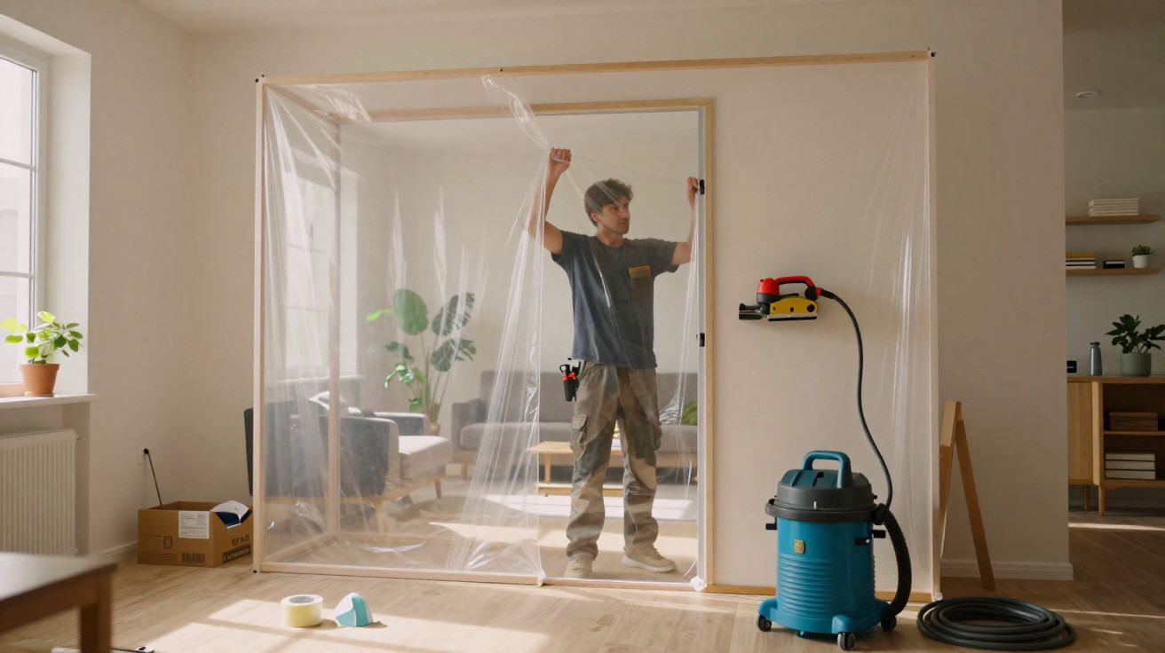 Man installing a plastic sheet barrier in a living room for dust protection during renovation.