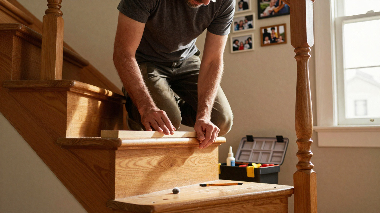 Man installing or repairing wooden stairs indoors with tools and a toolbox nearby.