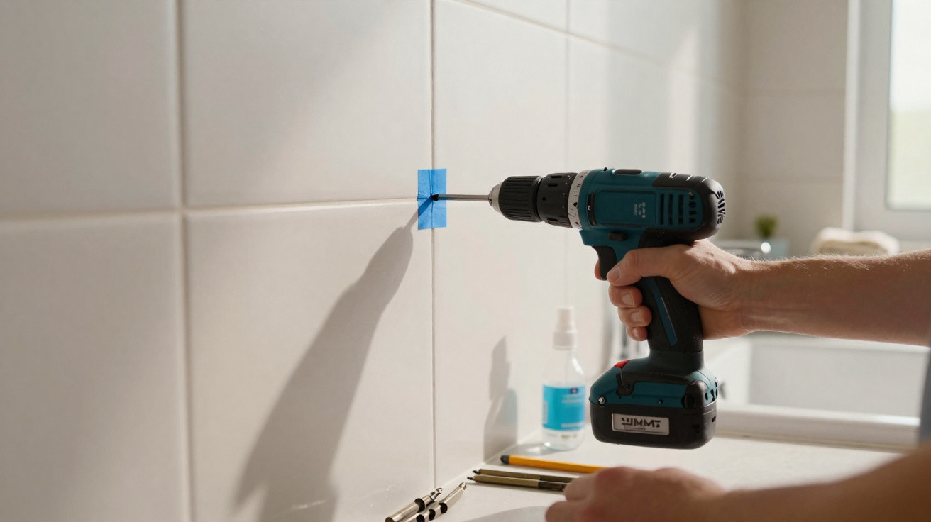 Person using a cordless drill to screw into a tiled wall with blue painter's tape marking the spot.