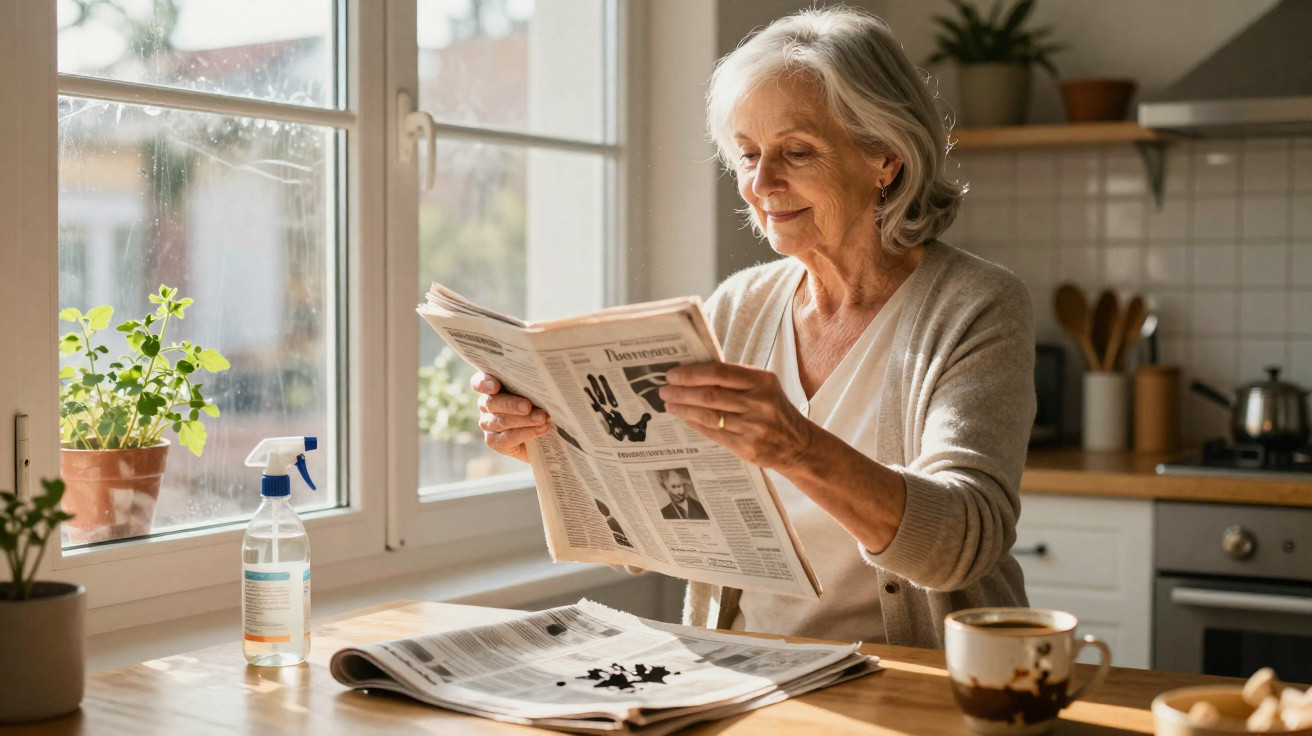 Elderly woman reading a newspaper at a kitchen table near a window with plants and a cup of coffee.