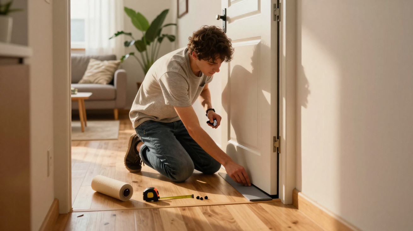 Young man installing a door draft stopper on a wooden floor in a bright, modern living room.