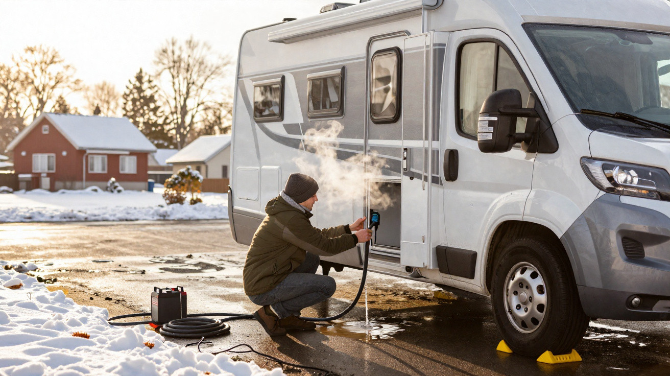 Man wearing winter clothes connecting water hose to a motorhome beside snow-covered houses in daylight.