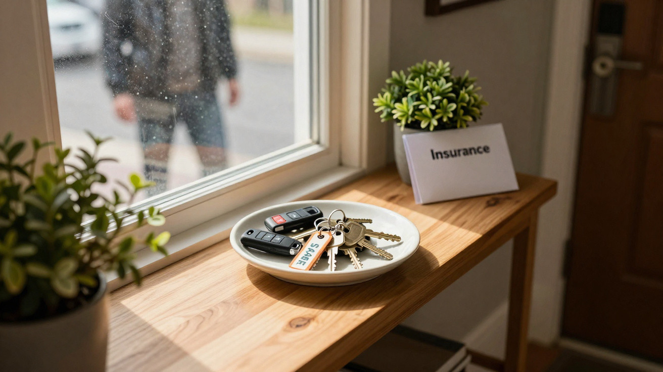 Car keys and house keys on a plate beside a small plant and an "Insurance" card on a wooden windowsill.