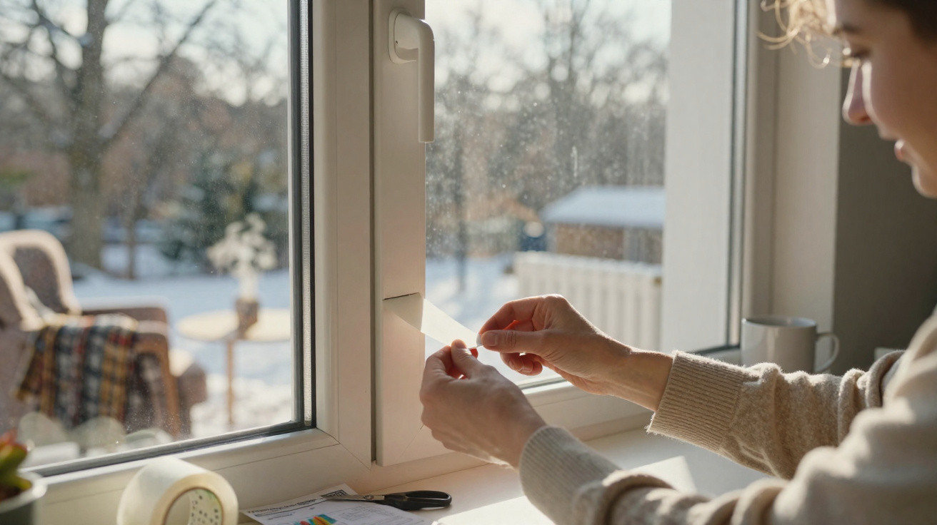 Person applying window insulation film on a cold, snowy day with outdoor garden visible through the window.