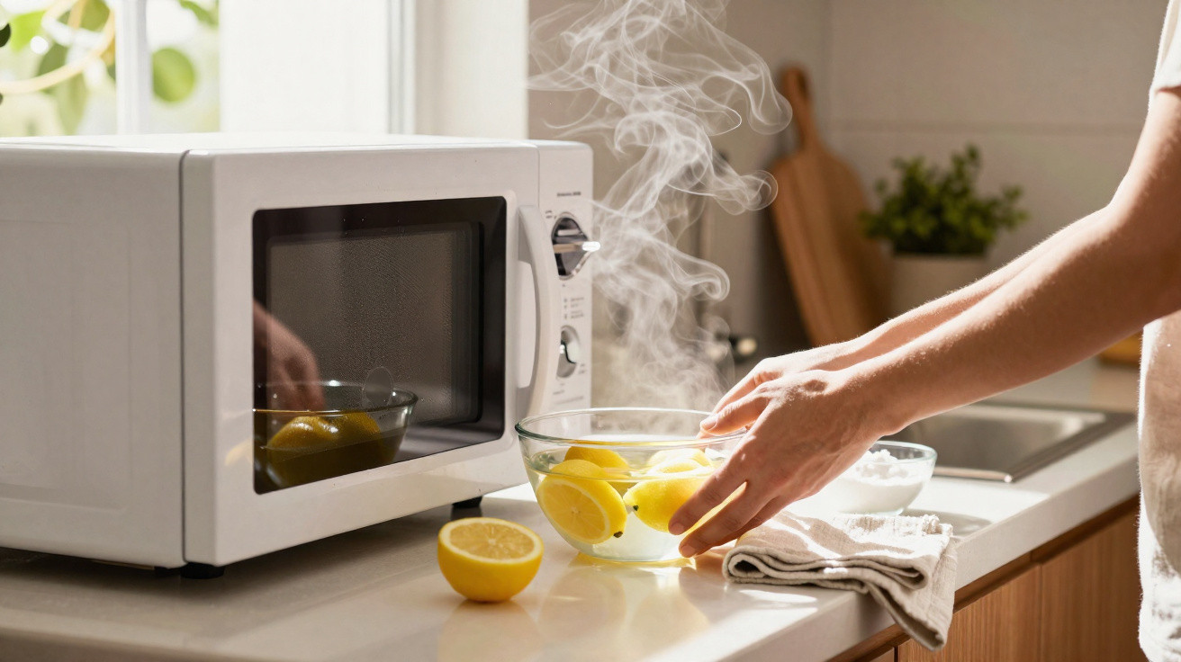 Person holding a steaming glass bowl with lemons next to a microwave on a kitchen counter.