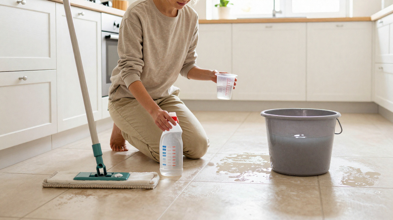 Person kneeling on tiled kitchen floor with mop, bucket, and cleaning solution measuring with a cup.