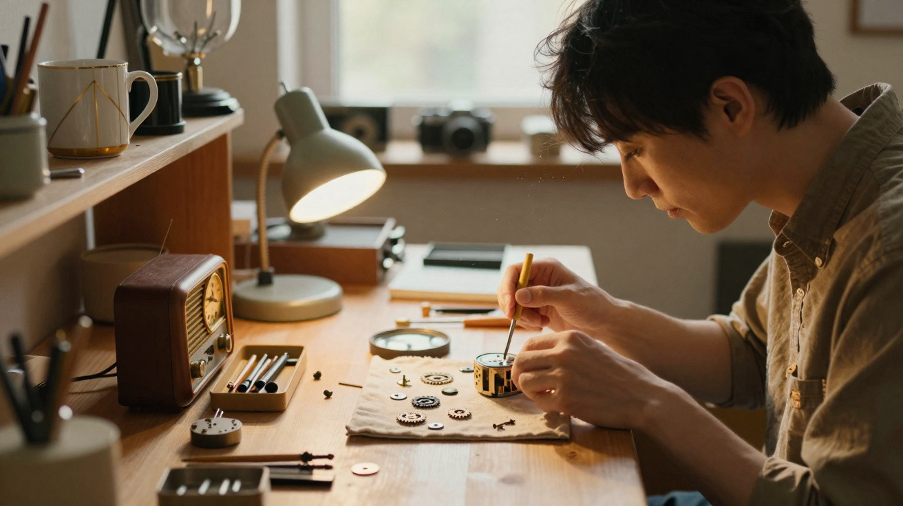 Young man repairing a small clock mechanism at a wooden desk lit by a desk lamp.