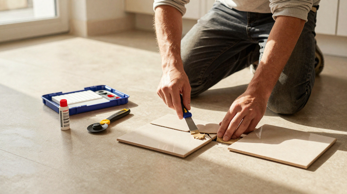 Person cutting broken ceramic tile with a utility knife on a tiled floor with tools nearby.