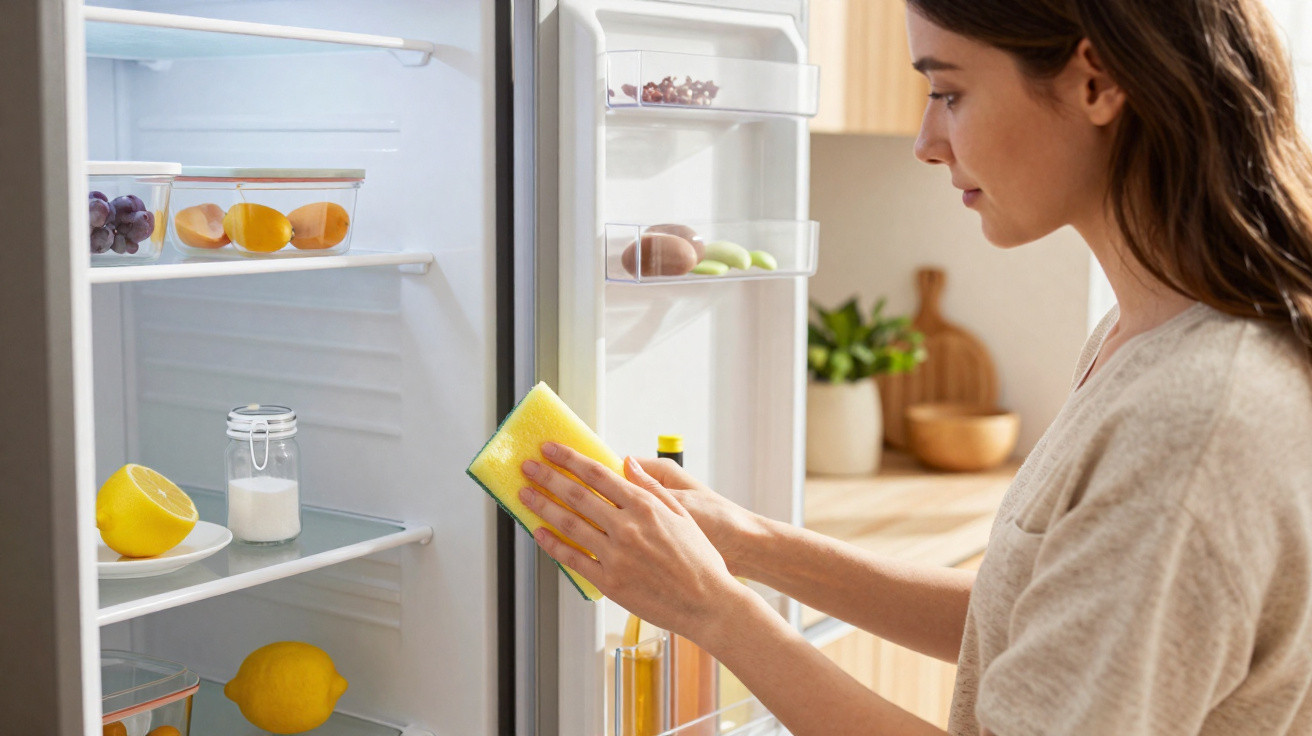 Woman cleaning the inside of a fridge door with a yellow sponge in a bright kitchen.