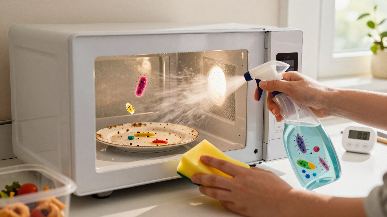 Person cleaning a microwave interior with spray bottle and sponge, showing germs on plate and bottle.