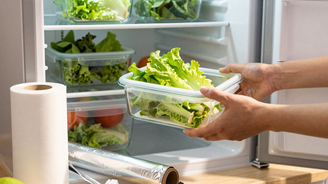 Hands placing a plastic container filled with fresh lettuce into a fridge with other vegetables inside.