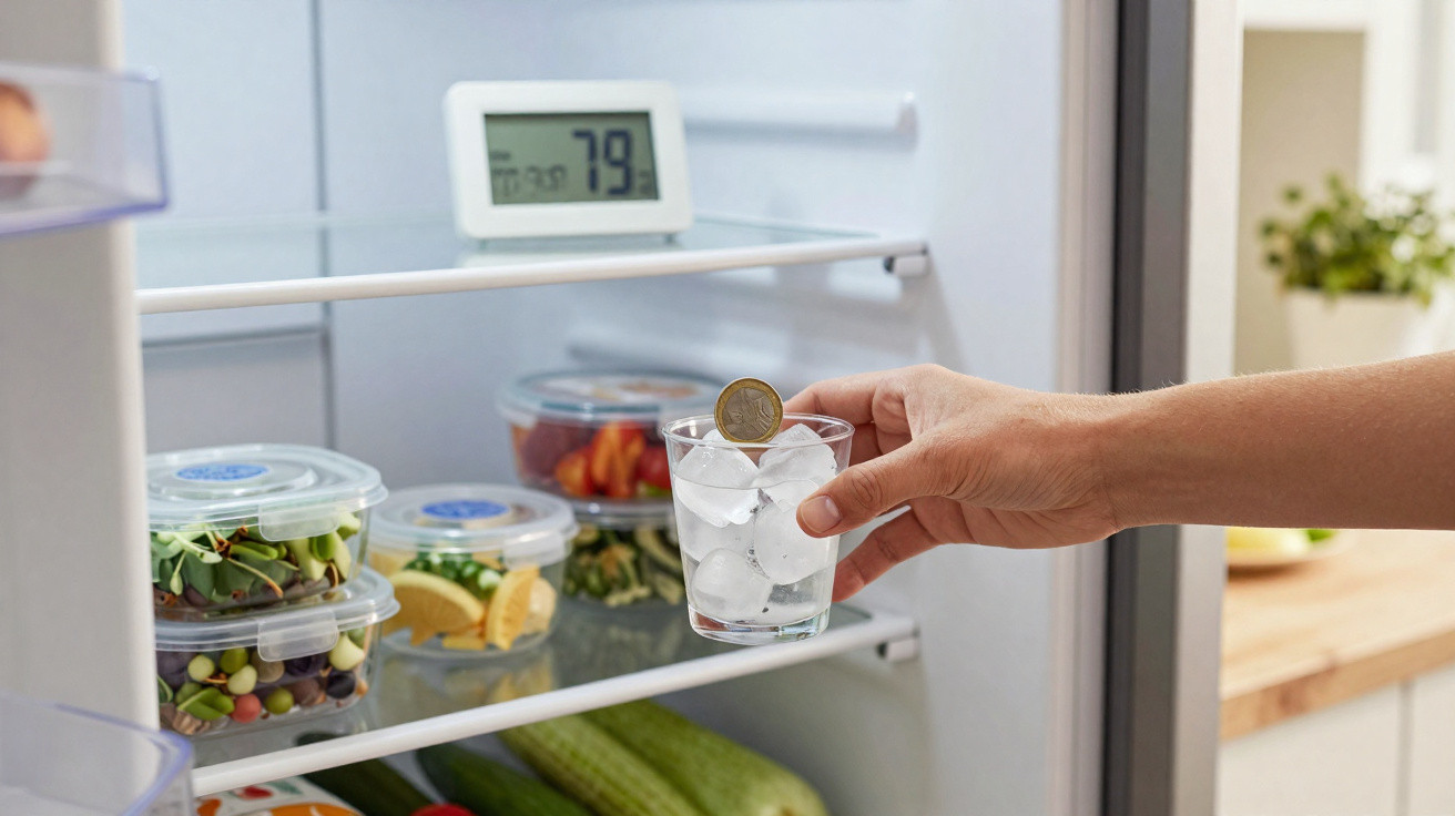 Hand placing a glass of ice and a euro coin inside a fridge with containers of vegetables and a digital thermometer.