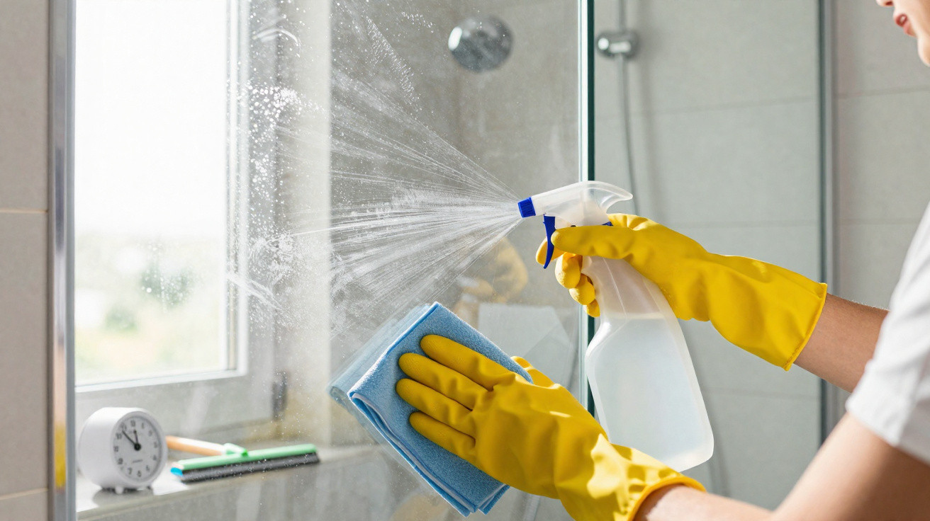 Person wearing yellow gloves spraying and wiping a mirror with a blue cloth in a bathroom.