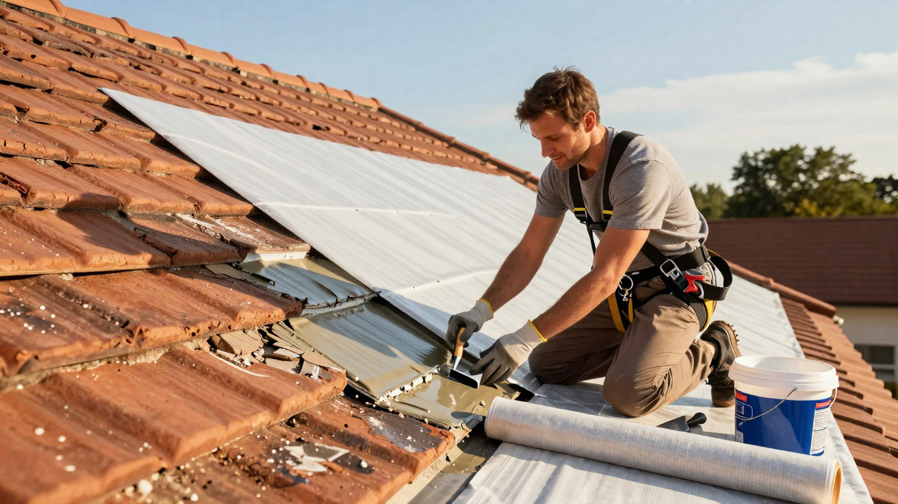 Man fitting underlayment on a tiled roof while kneeling, wearing gloves and safety harness on a sunny day.