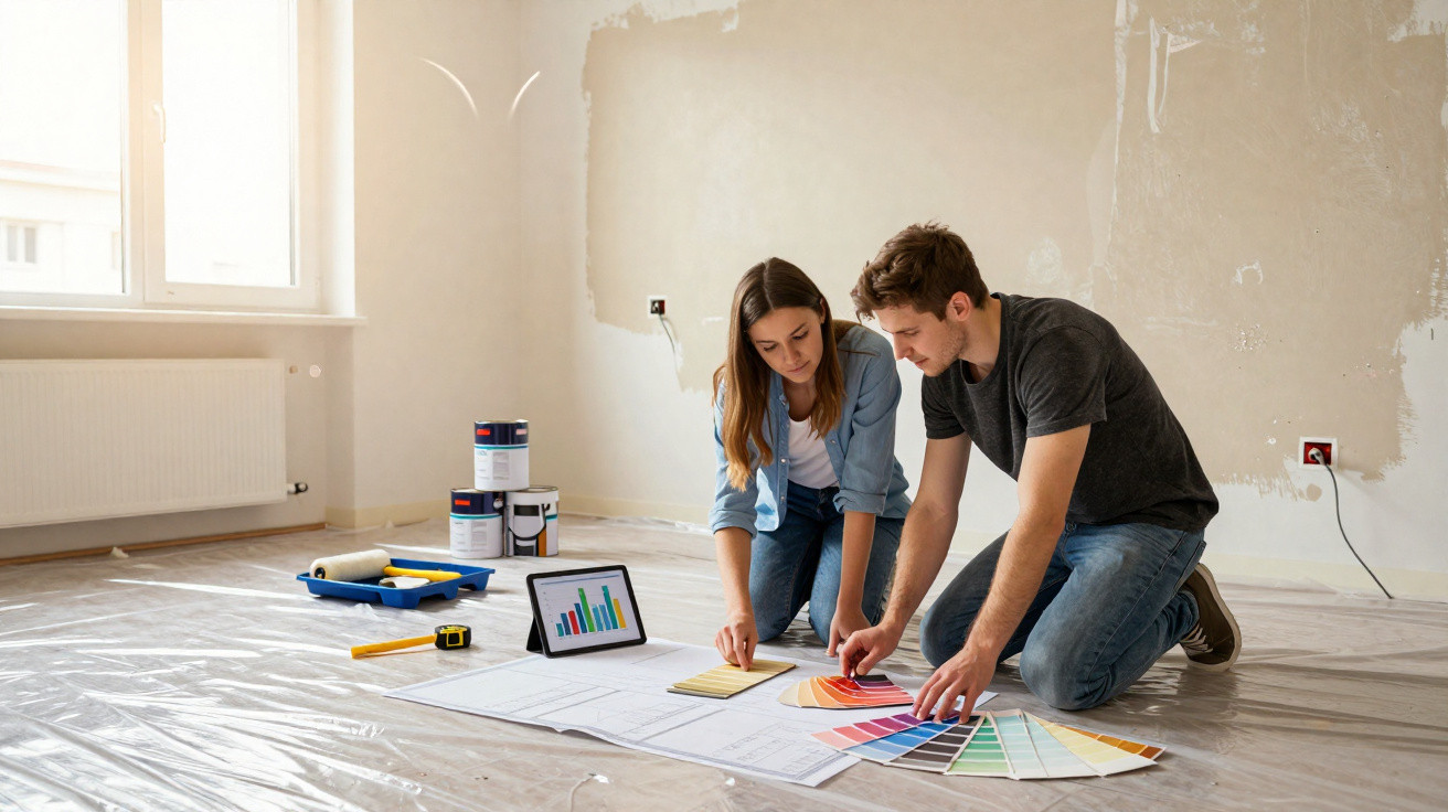 Couple kneeling on the floor choosing paint colours while planning room renovation with charts and tools.