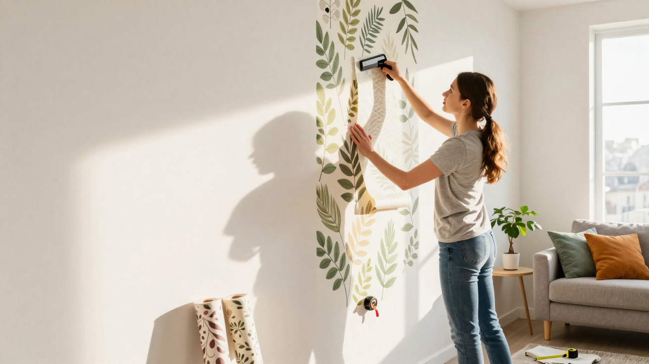 Woman applying botanical patterned wallpaper to a white wall in a sunlit living room.