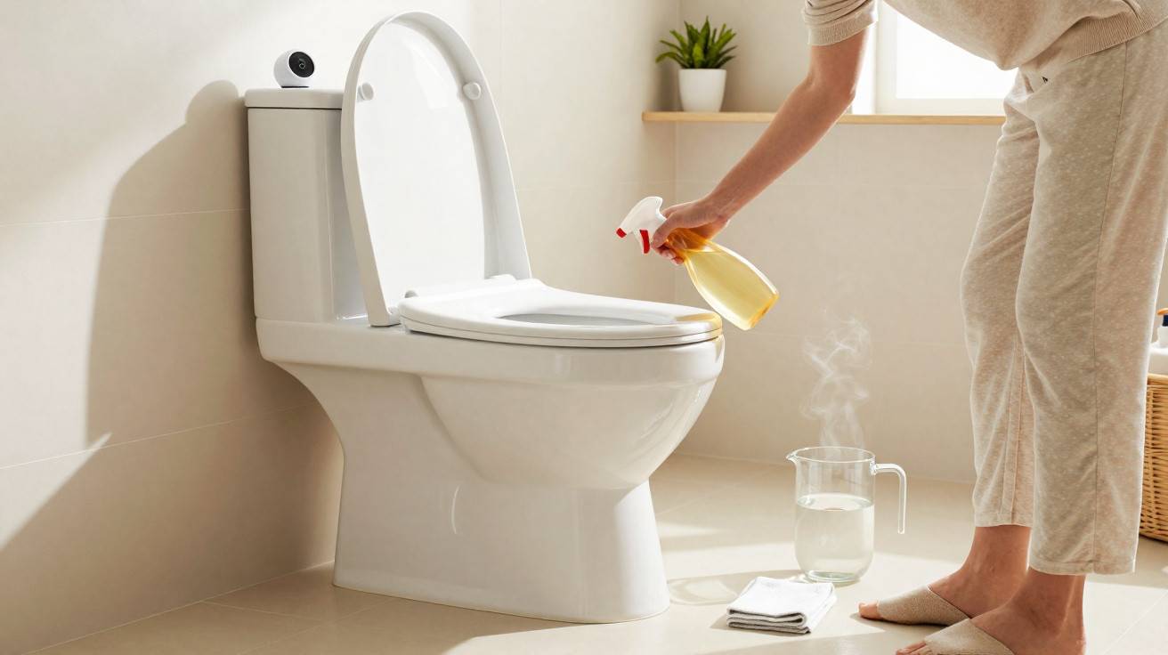 Person spraying cleaner on a white toilet seat in a bright, minimal bathroom with a steaming jug nearby.