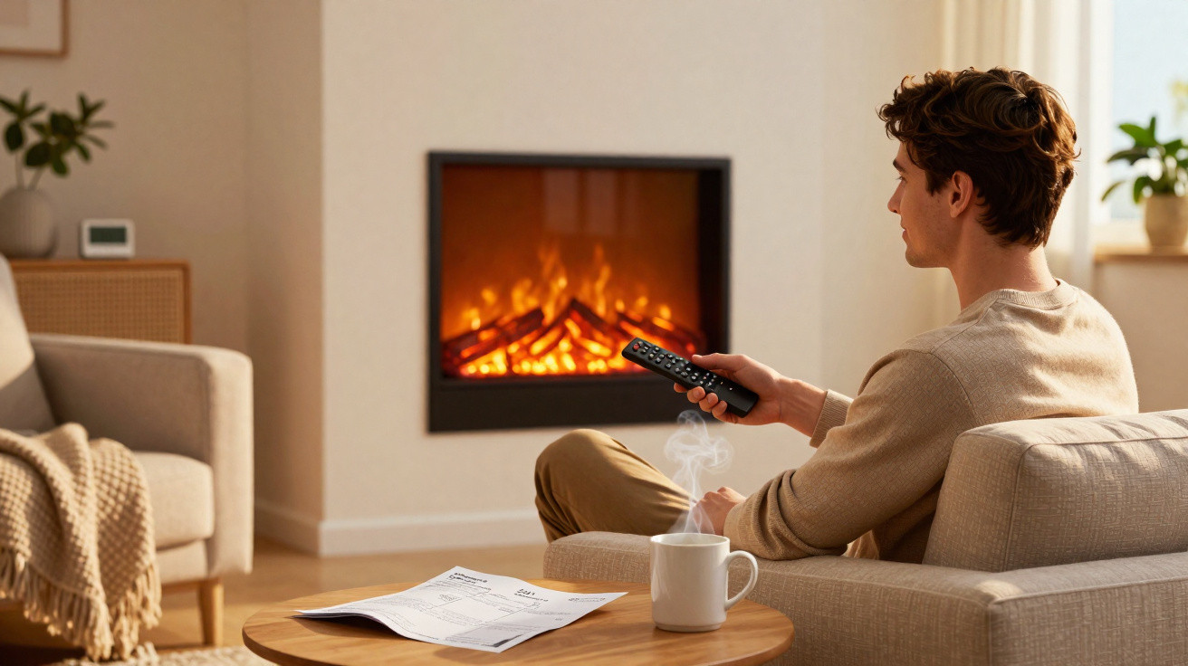 Young man sitting on sofa holding remote, watching a lit fireplace in a cosy living room with hot drink.
