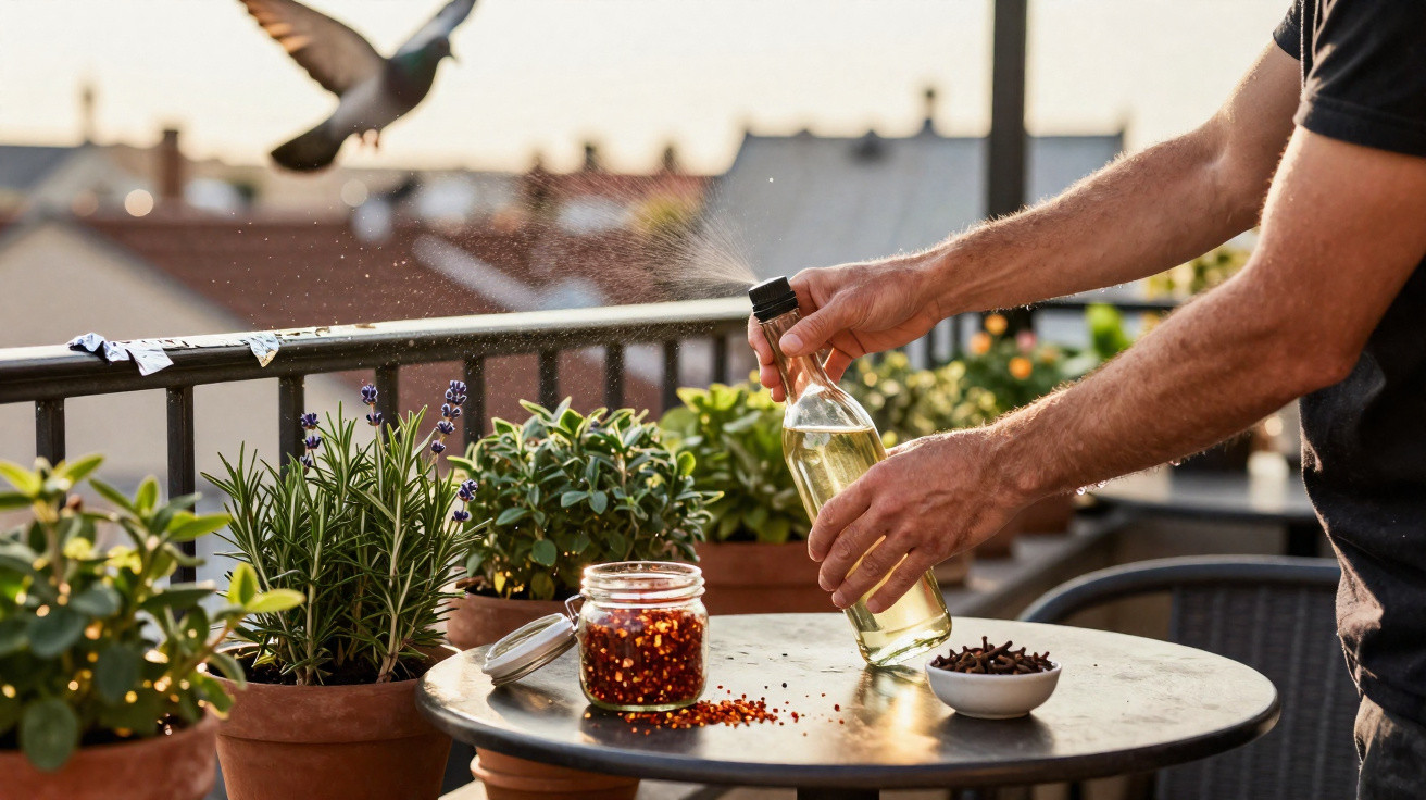 Person spraying liquid onto plants on a balcony with jars of spices on a round table.