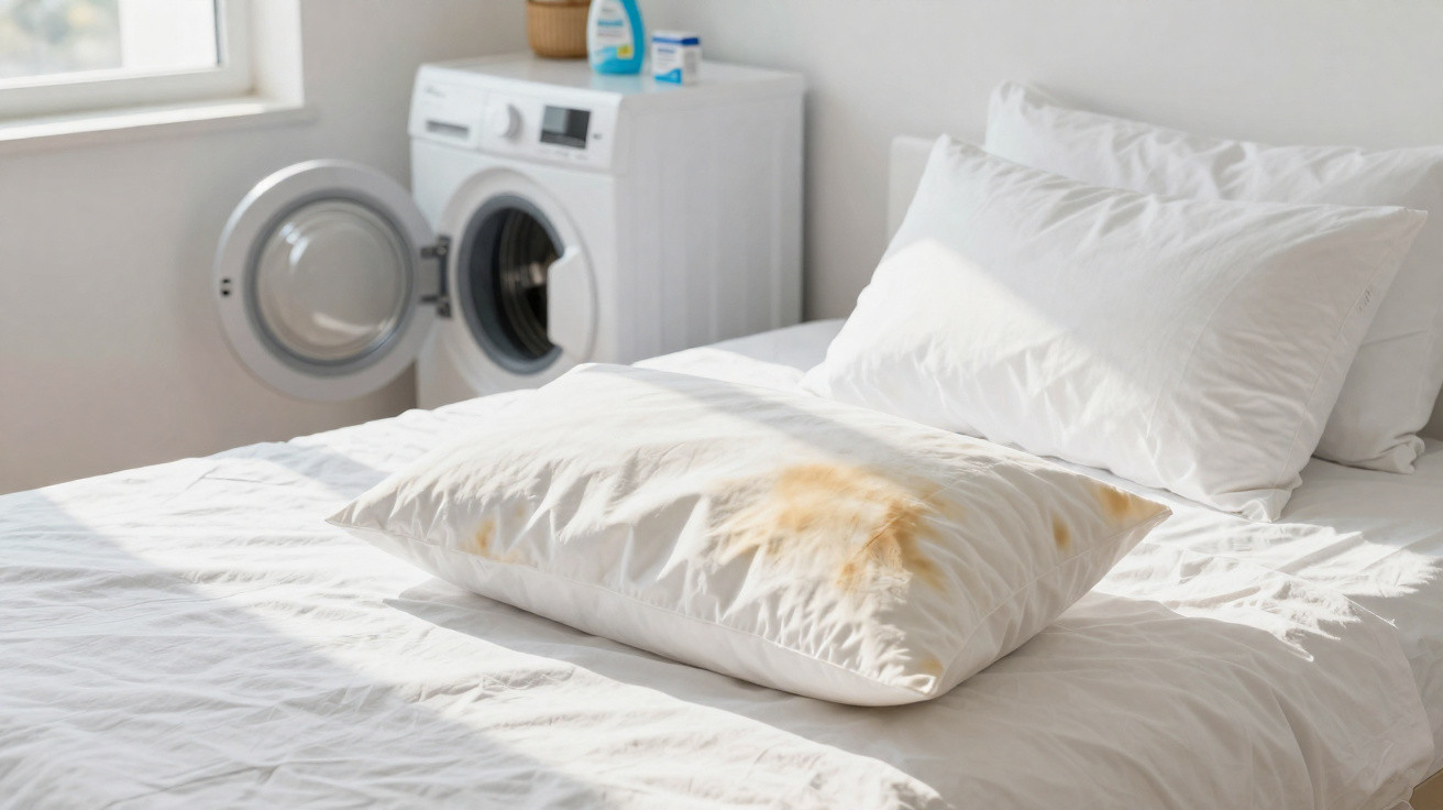 White pillow with yellow stains on a bed in a bright room with an open washing machine in the background