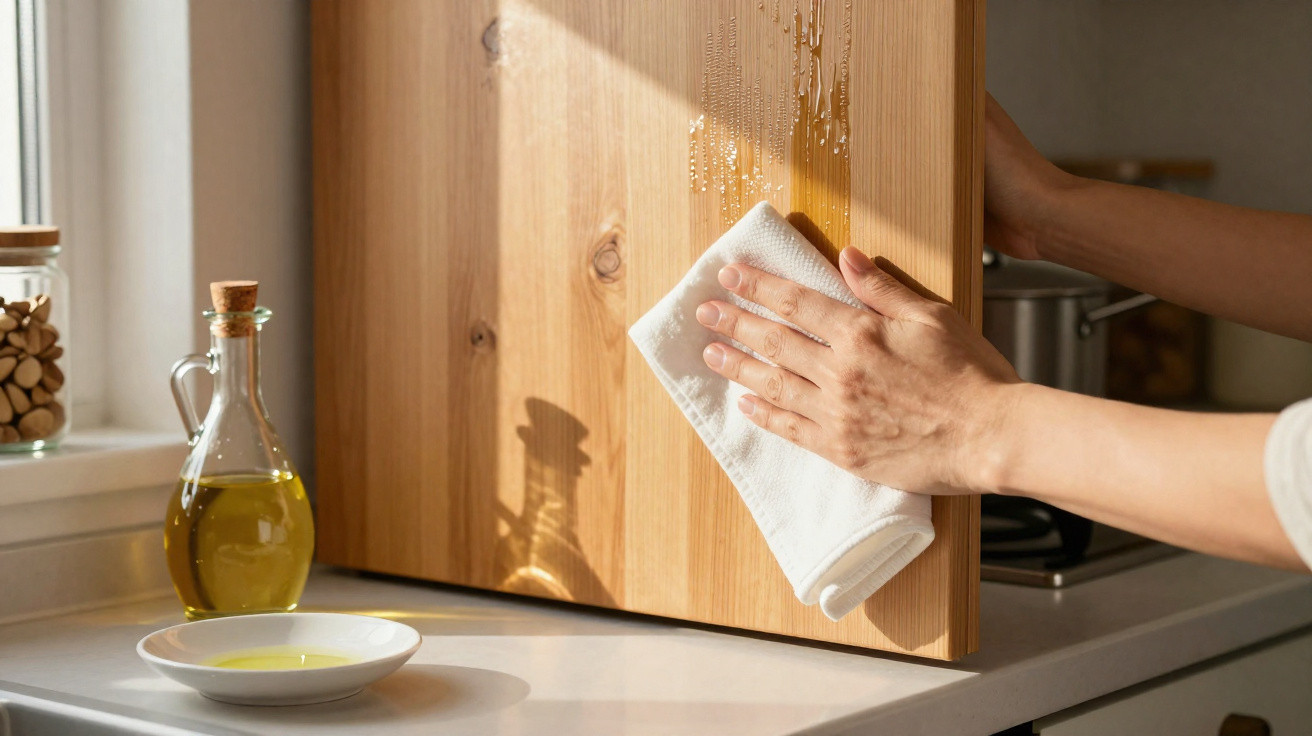 Hands wiping a damp wooden cutting board with a white cloth in a sunlit kitchen.