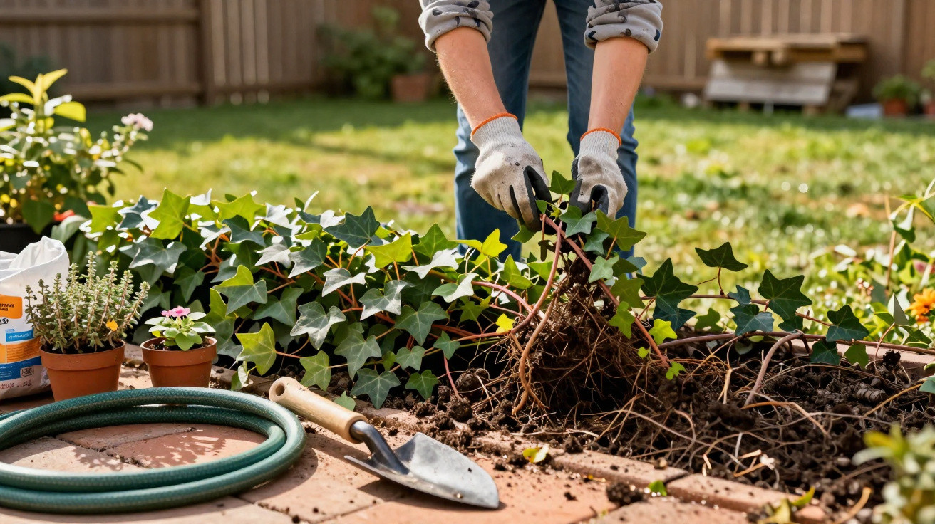Person wearing gloves pulling up ivy plants from soil in a garden with gardening tools nearby