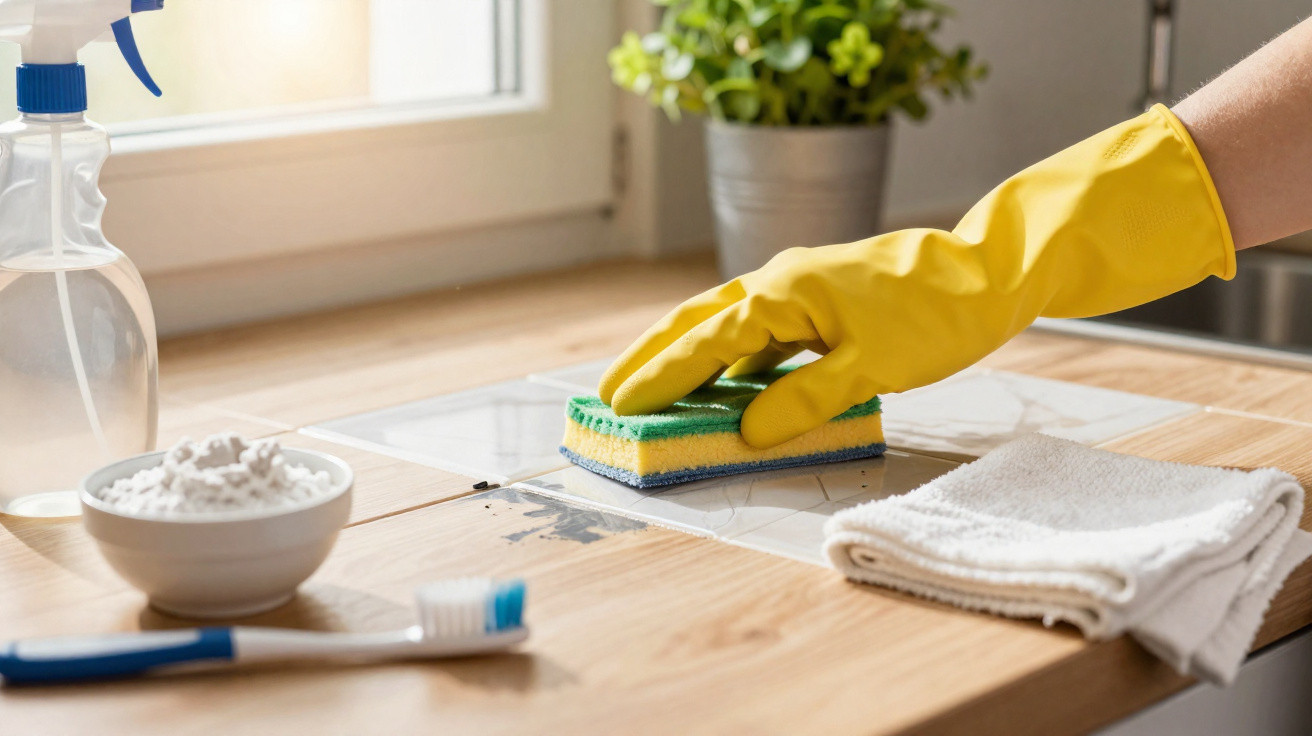 Hand wearing yellow glove cleaning tiled kitchen countertop with sponge and cleaning supplies nearby.