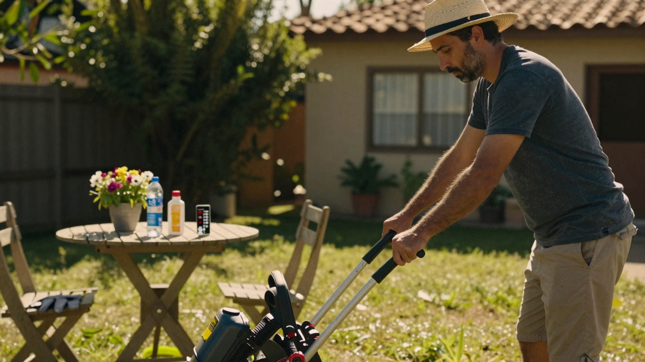 Man wearing a hat mowing the lawn in a sunny garden with a wooden table and chairs in the background.