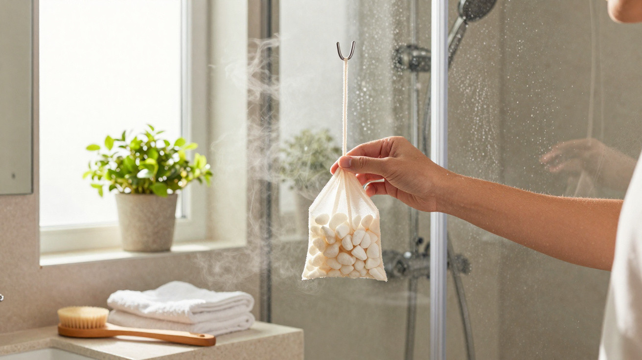 Hand holding a steaming white mesh bag with small white balls in a bright bathroom near a window and towels.