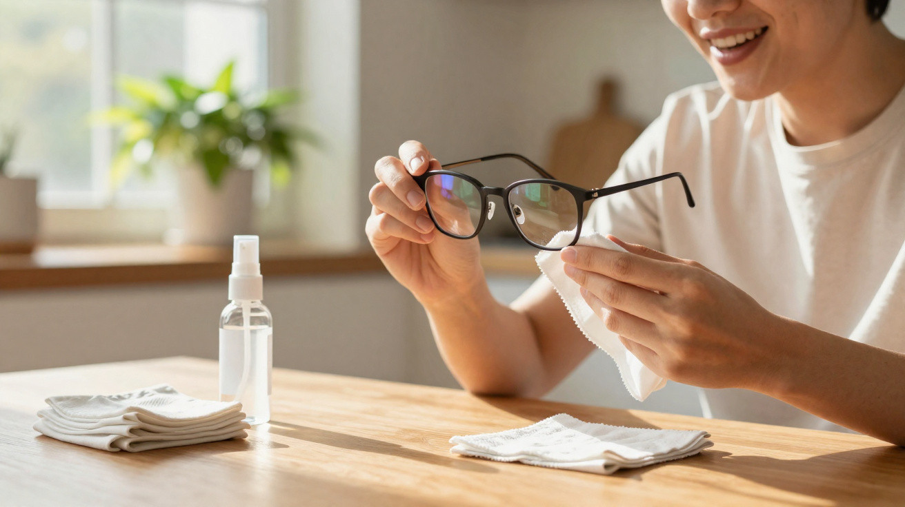 Person cleaning eyeglasses with a cloth at a wooden table near a spray bottle and window.