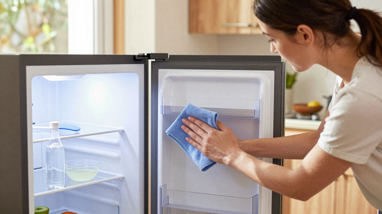 Woman cleaning the inside of an open fridge with a blue cloth in a bright kitchen.