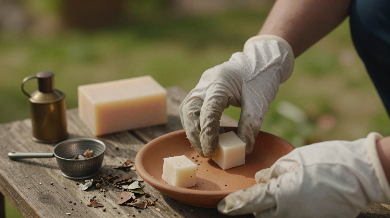Hands wearing gloves placing soap cubes on a terracotta plate on a wooden table outdoors.