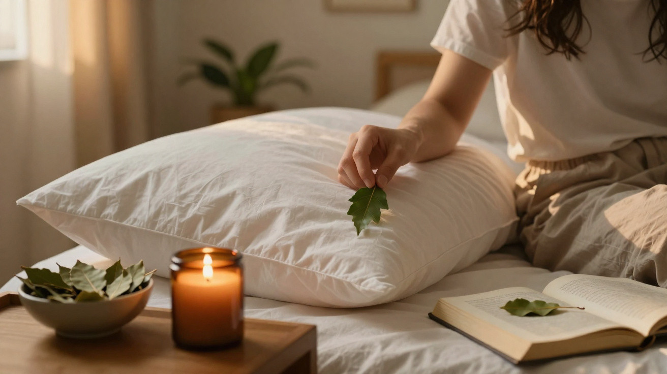 Person sitting on bed holding a green leaf, with a lit candle and open book nearby in a cosy room.