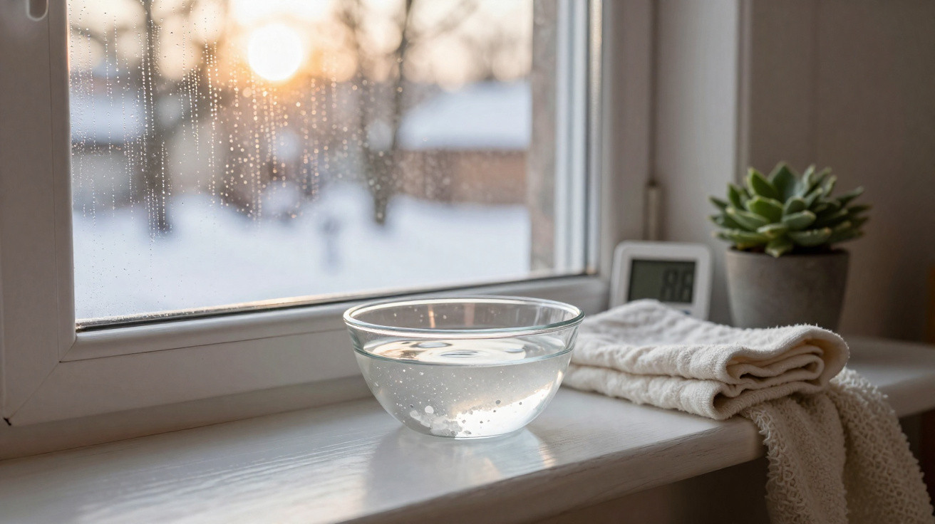 Bowl of water on a windowsill with a folded towel, a digital thermometer, and a small potted succulent plant.