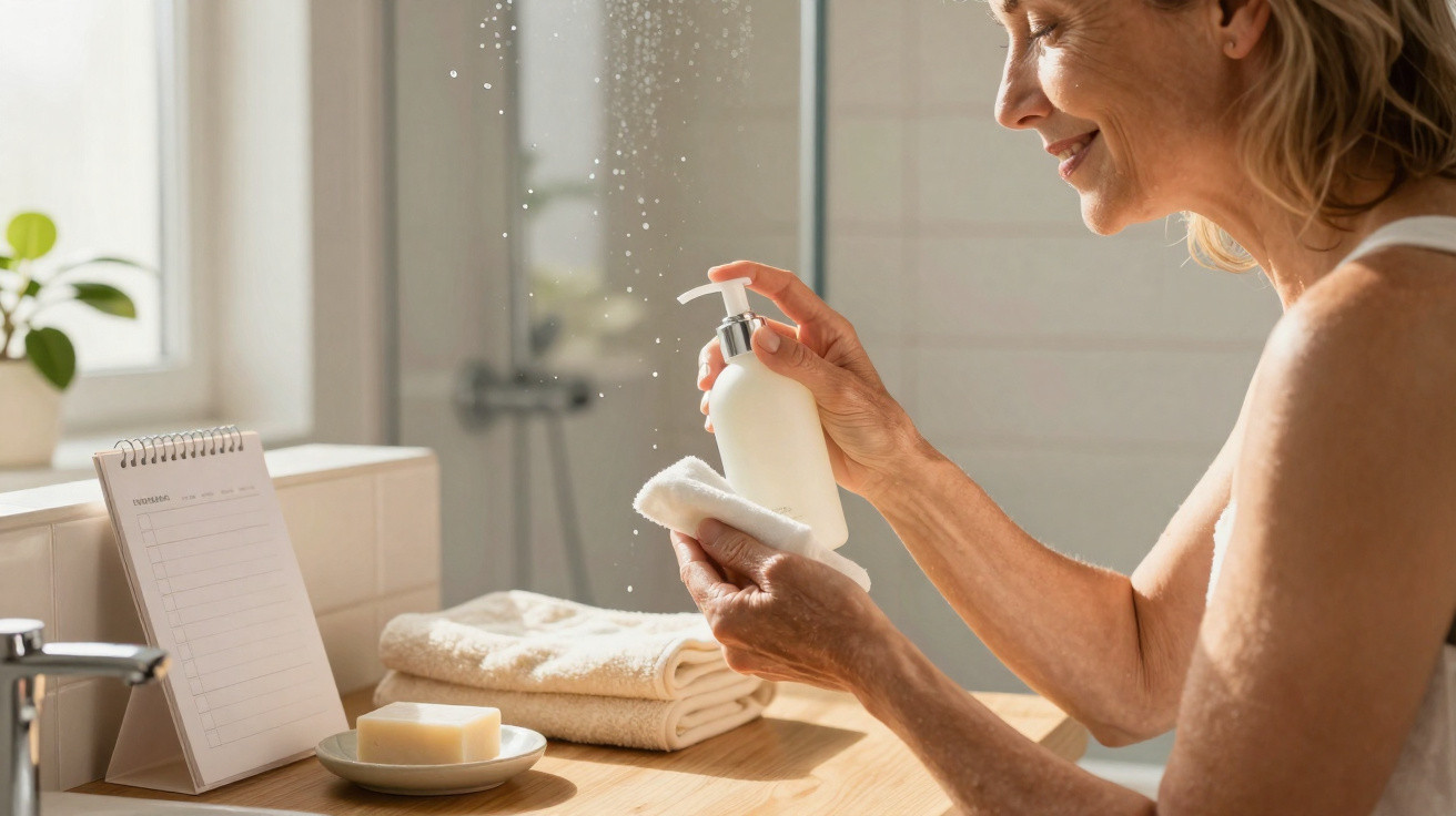 Woman dispensing lotion onto a cloth in a bright bathroom with towels and soap on the counter.