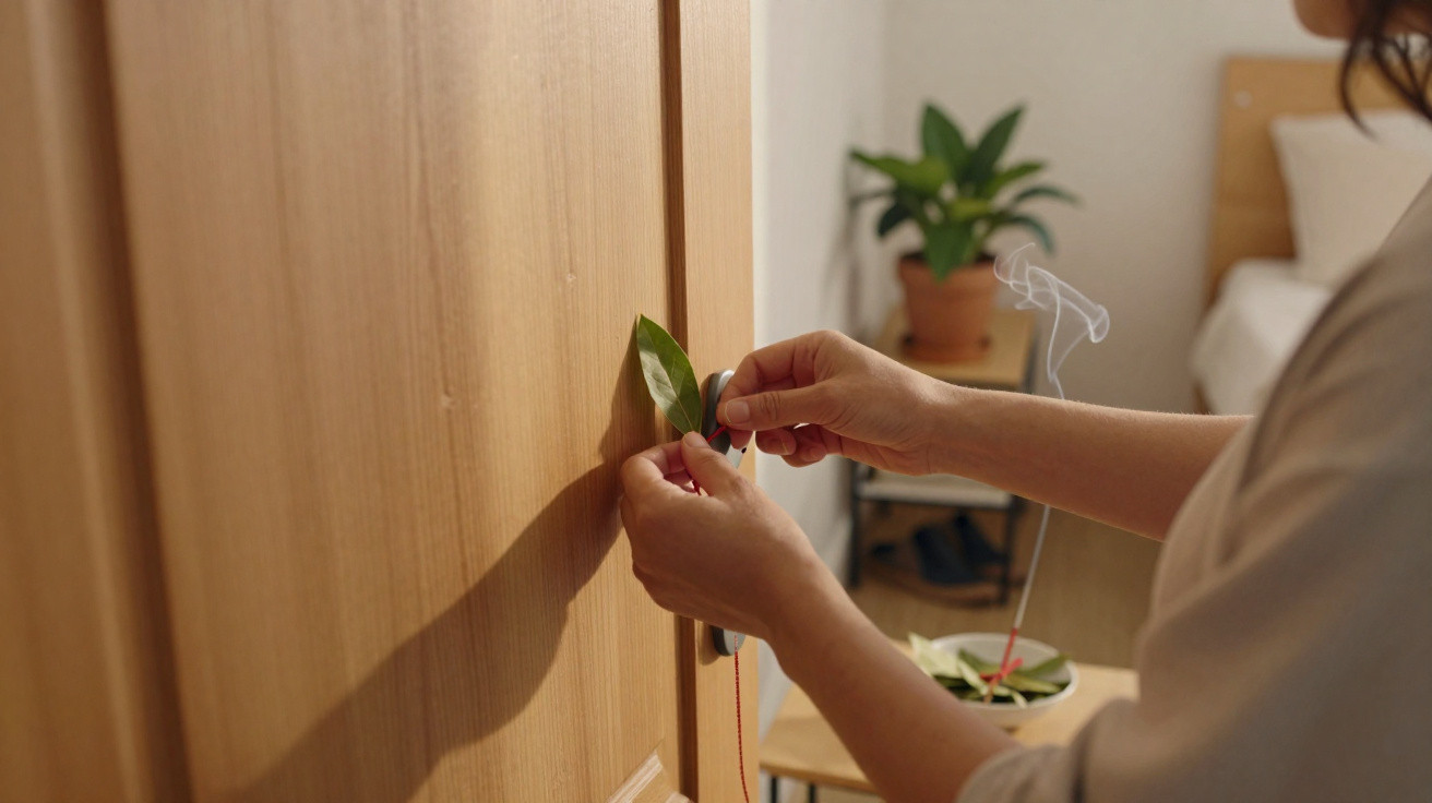 Person attaching a green leaf to a wooden door handle with a burning incense stick nearby in a cozy room.