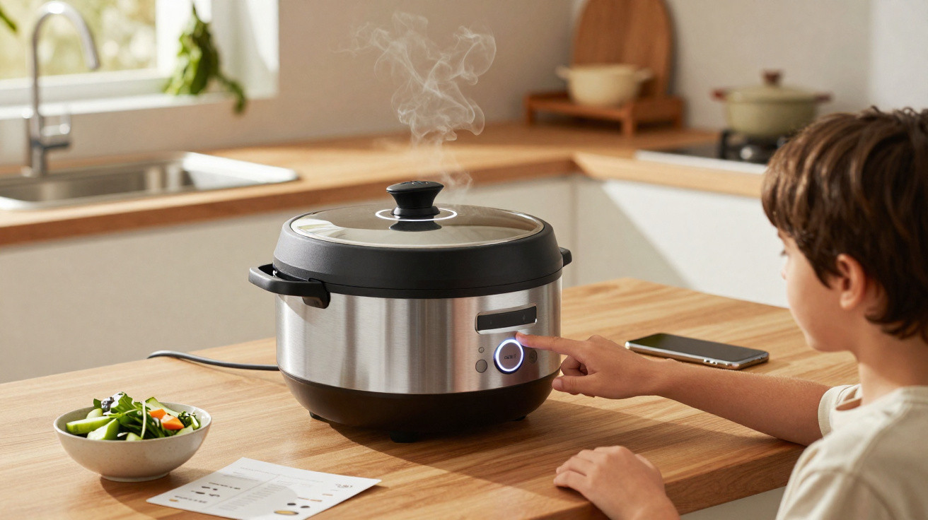 Child pressing button on steaming slow cooker on kitchen table with salad bowl and smartphone nearby