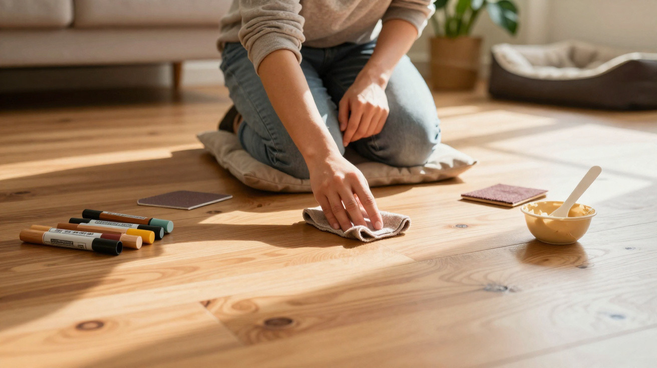 Person kneeling on a cushion cleaning wooden floor with cloth, surrounded by markers, small containers, and a bowl with a spa