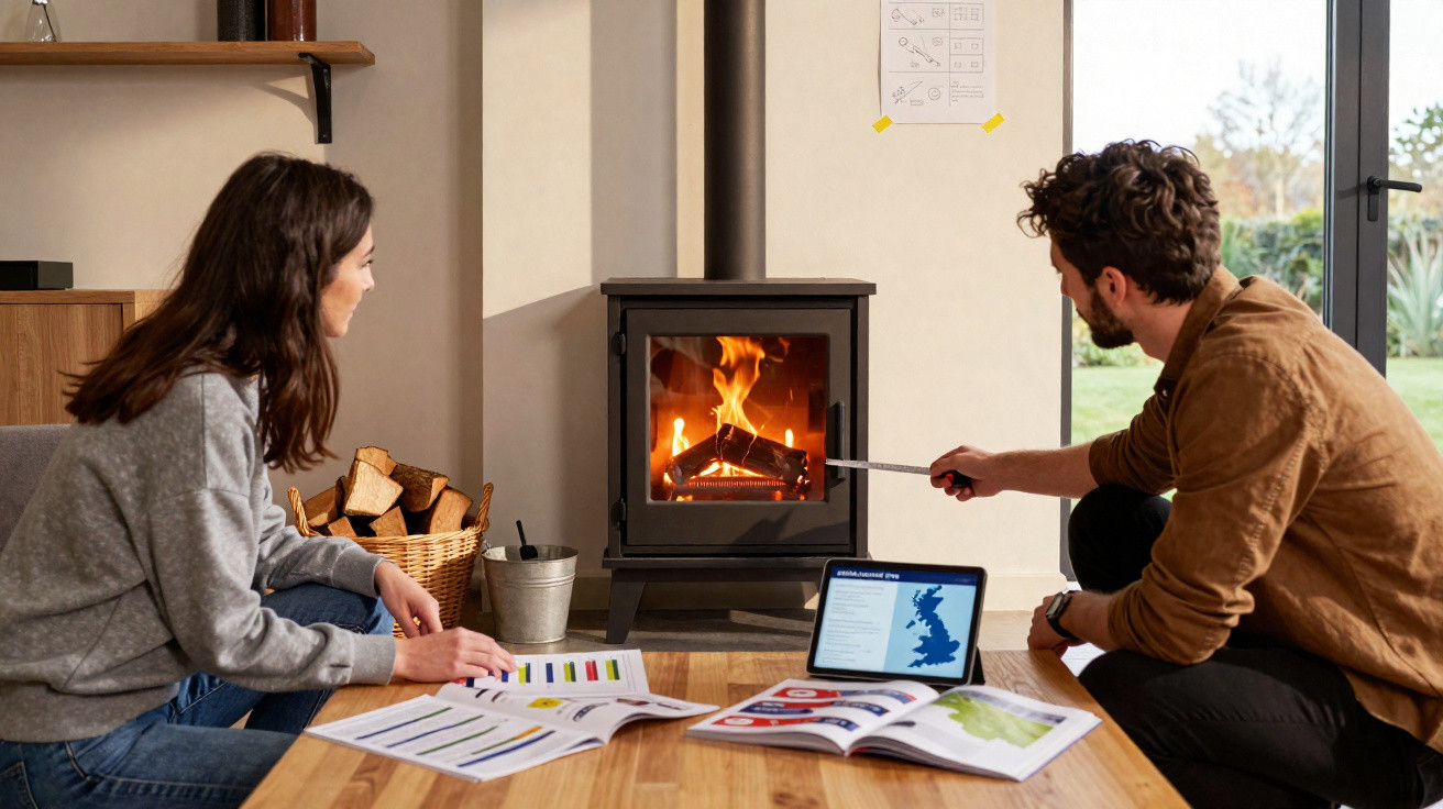 Couple sitting on wooden floor by lit wood-burning stove, reviewing charts and using tablet in cosy room.