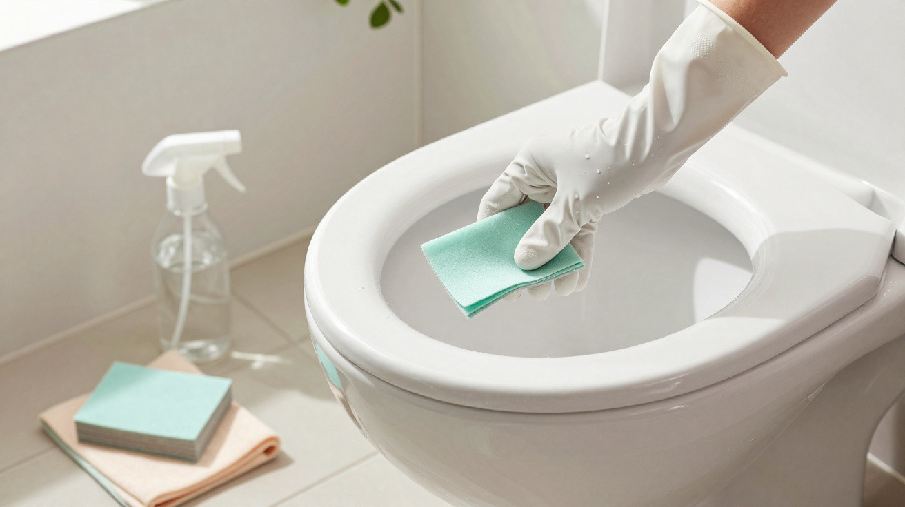Hand wearing white glove cleaning white toilet seat with green cloth in bright bathroom.
