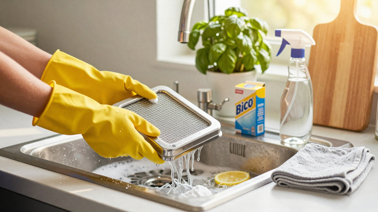 Person wearing yellow gloves washing a metal kitchen filter over a sink with cleaning supplies nearby.