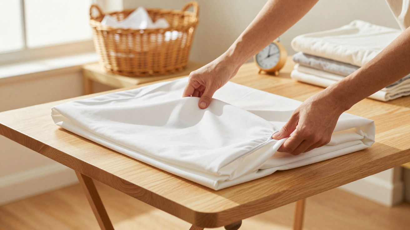 Person folding white bedsheets on a wooden table with a wicker basket and alarm clock in the background.