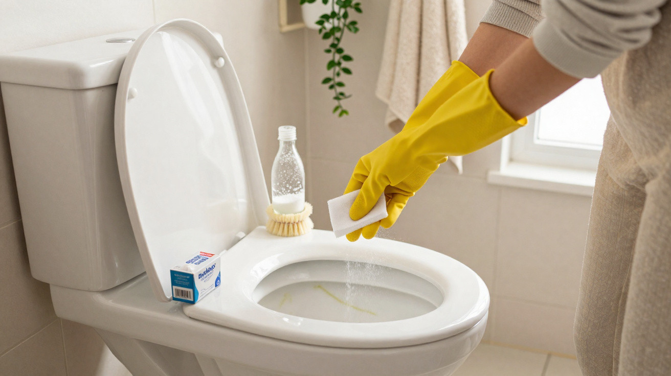 Person wearing yellow gloves sprinkling cleaning powder into a toilet bowl in a bright bathroom.