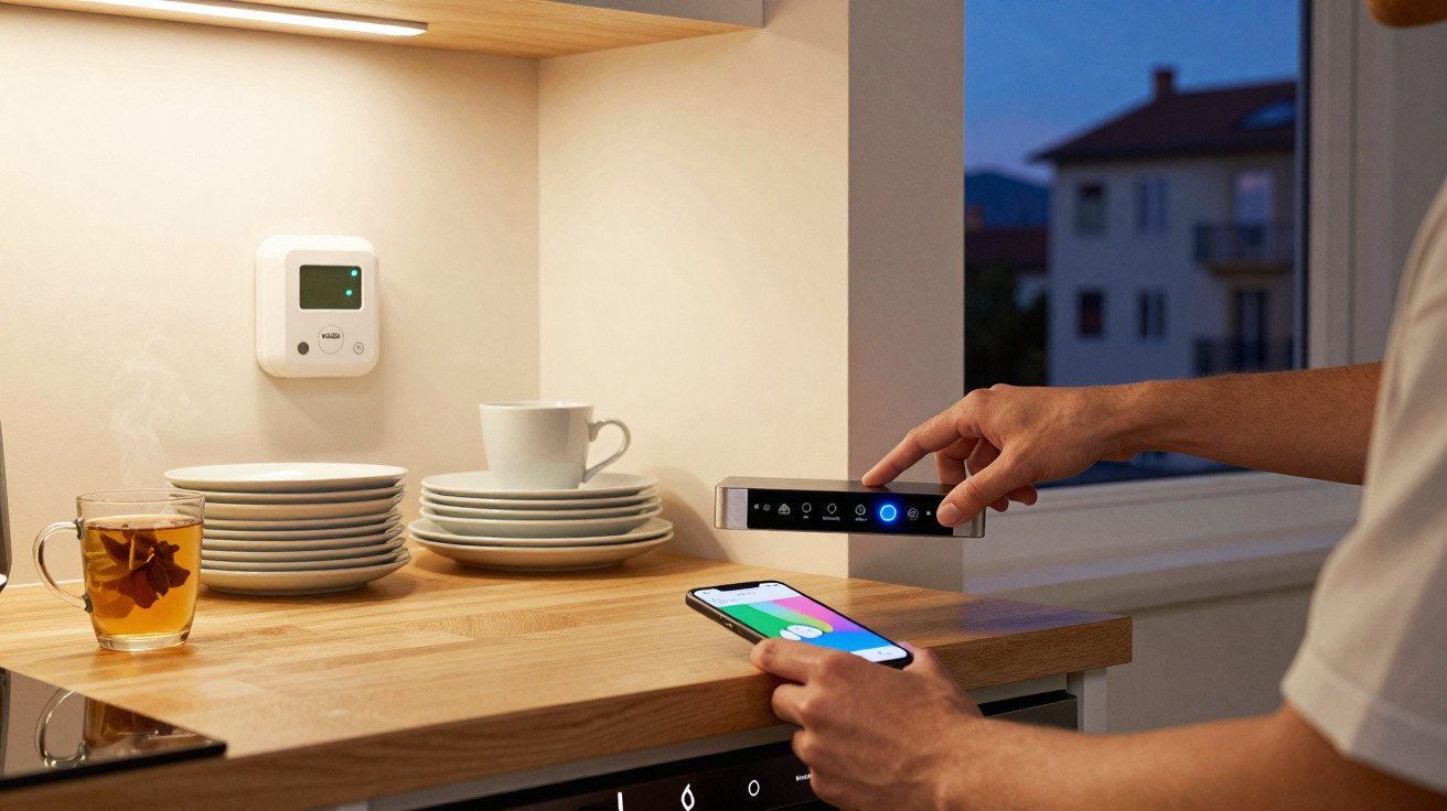 Person controlling smart kitchen lighting with smartphone and wall panel near stacked plates and a cup.