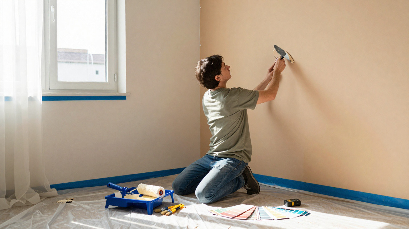 Man kneeling on floor installing light fixture on beige wall in bright, empty room with painting supplies nearby