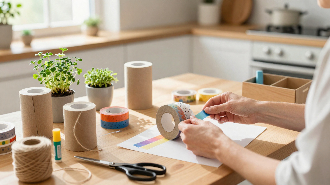 Person wrapping colourful washi tape around a roll on a wooden kitchen table with craft supplies and plants.