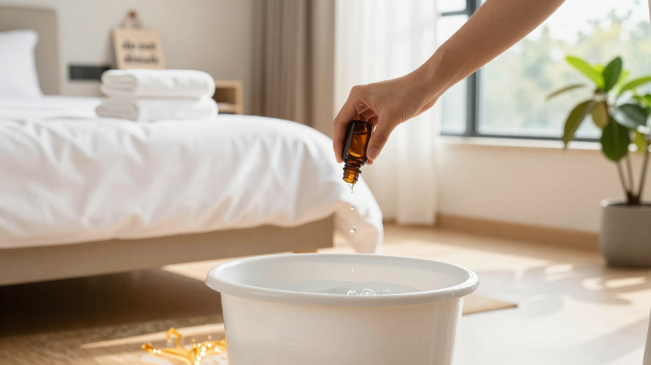 Hand drops essential oil into a white basin of water in a bright, neatly arranged bedroom.