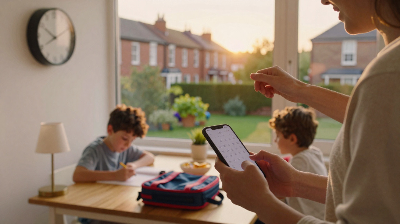 Adult using smartphone while two children do homework at a table near a large window in a home.